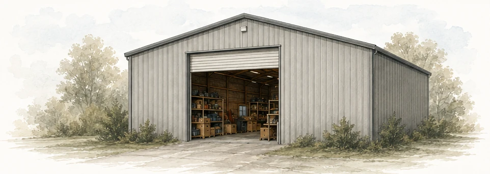 Illustration of a generic gray shop building containing the collection